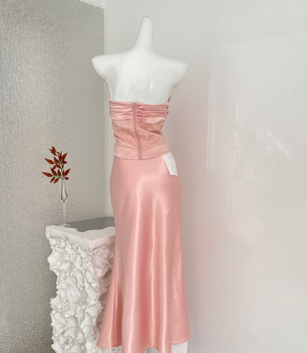 Lace bow high waist mermaid short skirt 2pcs set