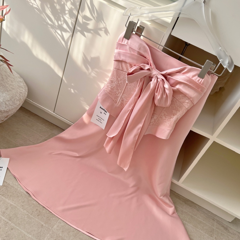 Lace bow high waist mermaid short skirt 2pcs set