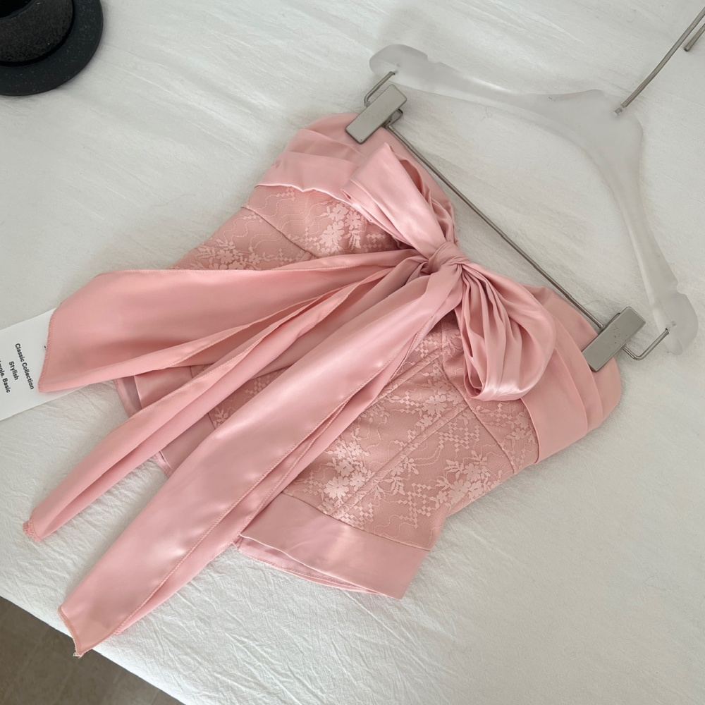 Lace bow high waist mermaid short skirt 2pcs set