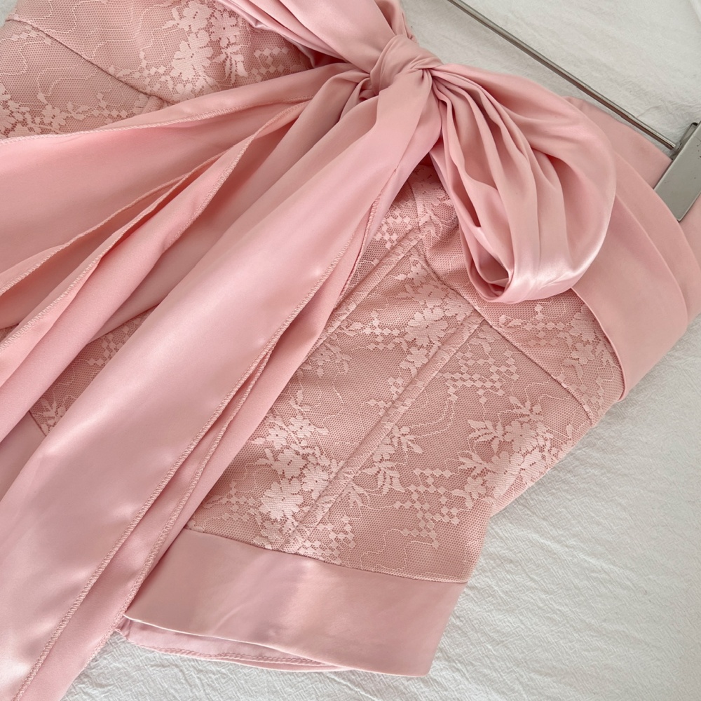 Lace bow high waist mermaid short skirt 2pcs set