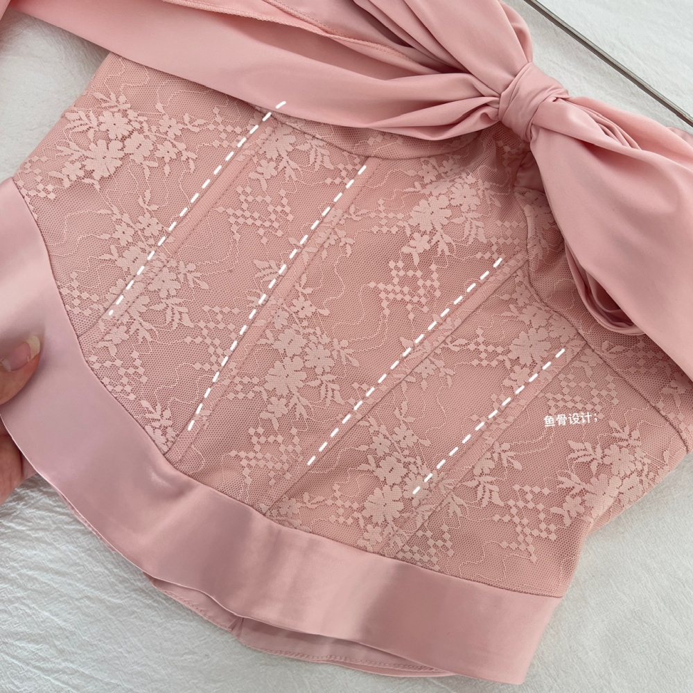 Lace bow high waist mermaid short skirt 2pcs set