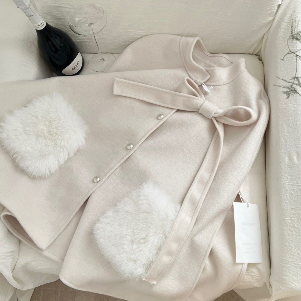 Wool buckle cloak fox fur pocket woolen coat