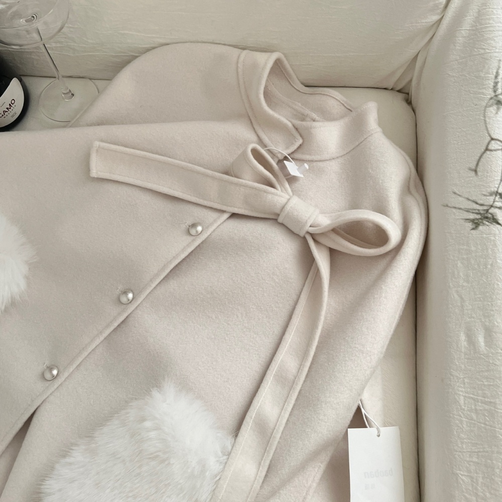 Wool buckle cloak fox fur pocket woolen coat