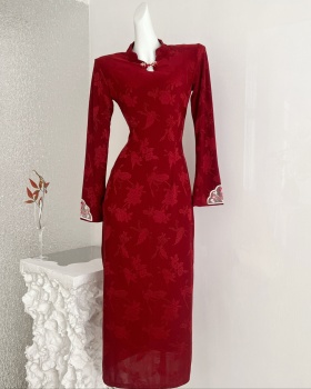 Retro red cheongsam winter plus velvet dress for women
