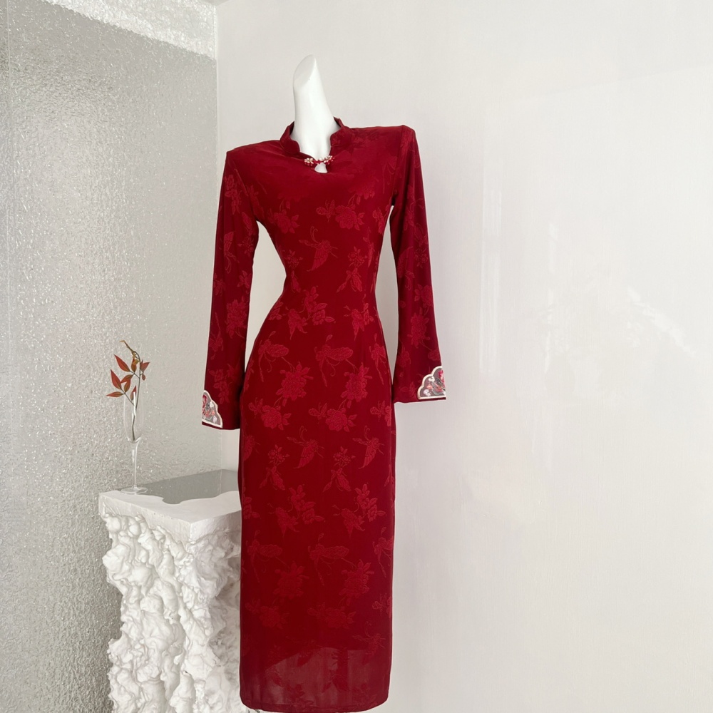 Retro red cheongsam winter plus velvet dress for women