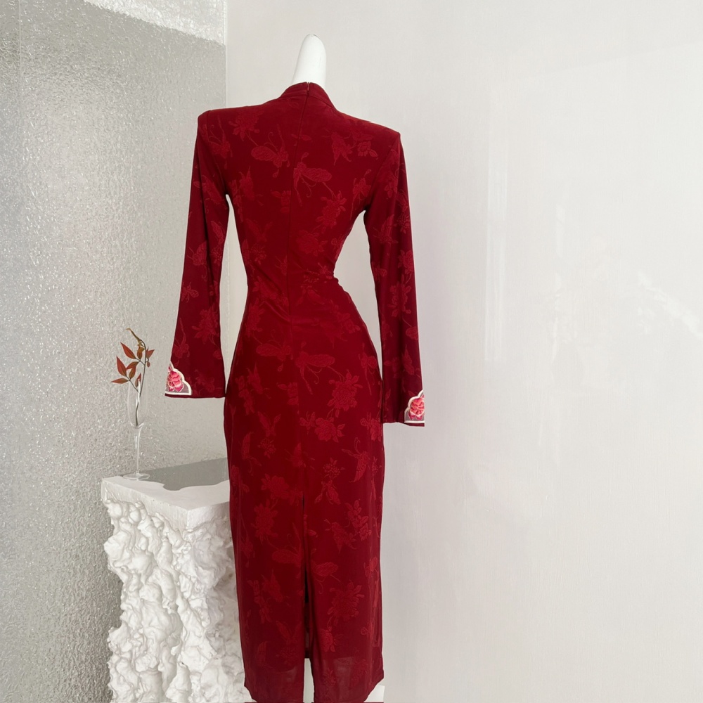Retro red cheongsam winter plus velvet dress for women