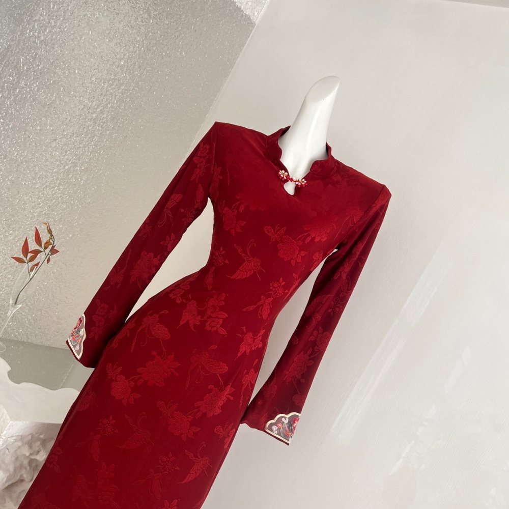 Retro red cheongsam winter plus velvet dress for women