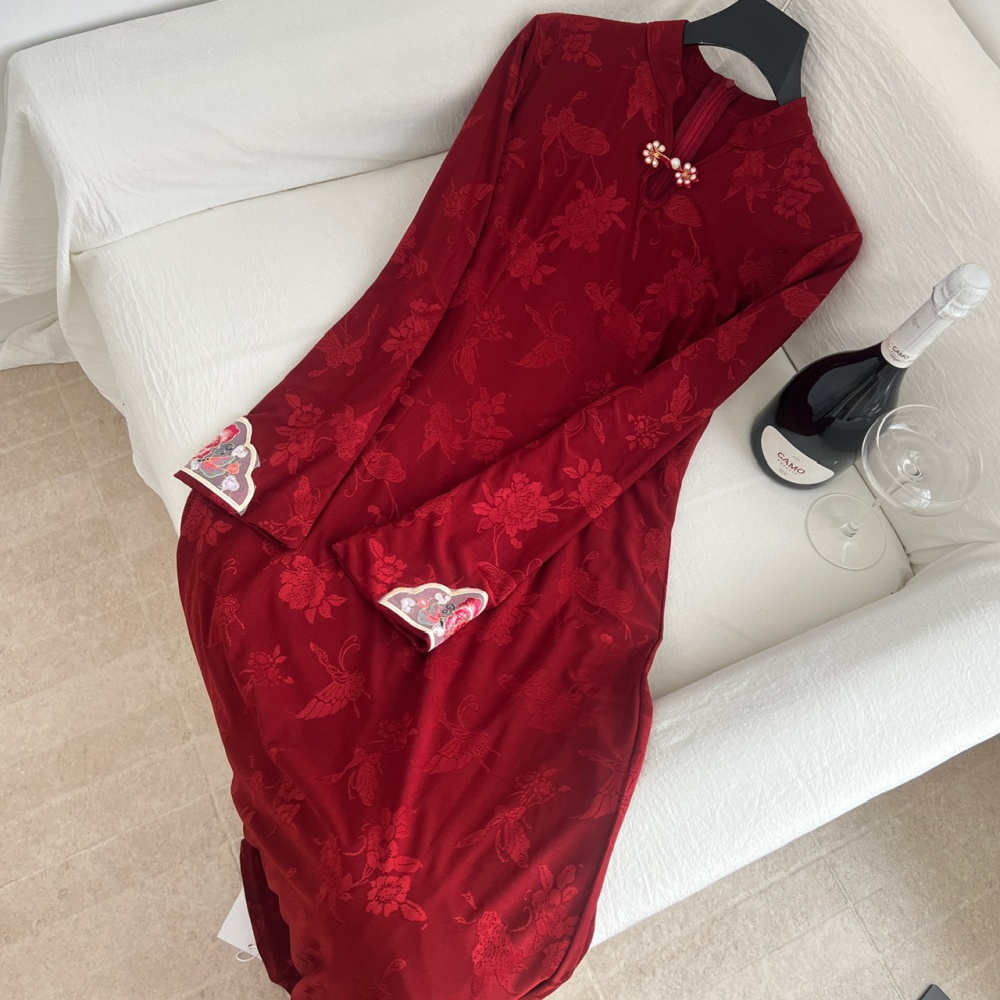 Retro red cheongsam winter plus velvet dress for women