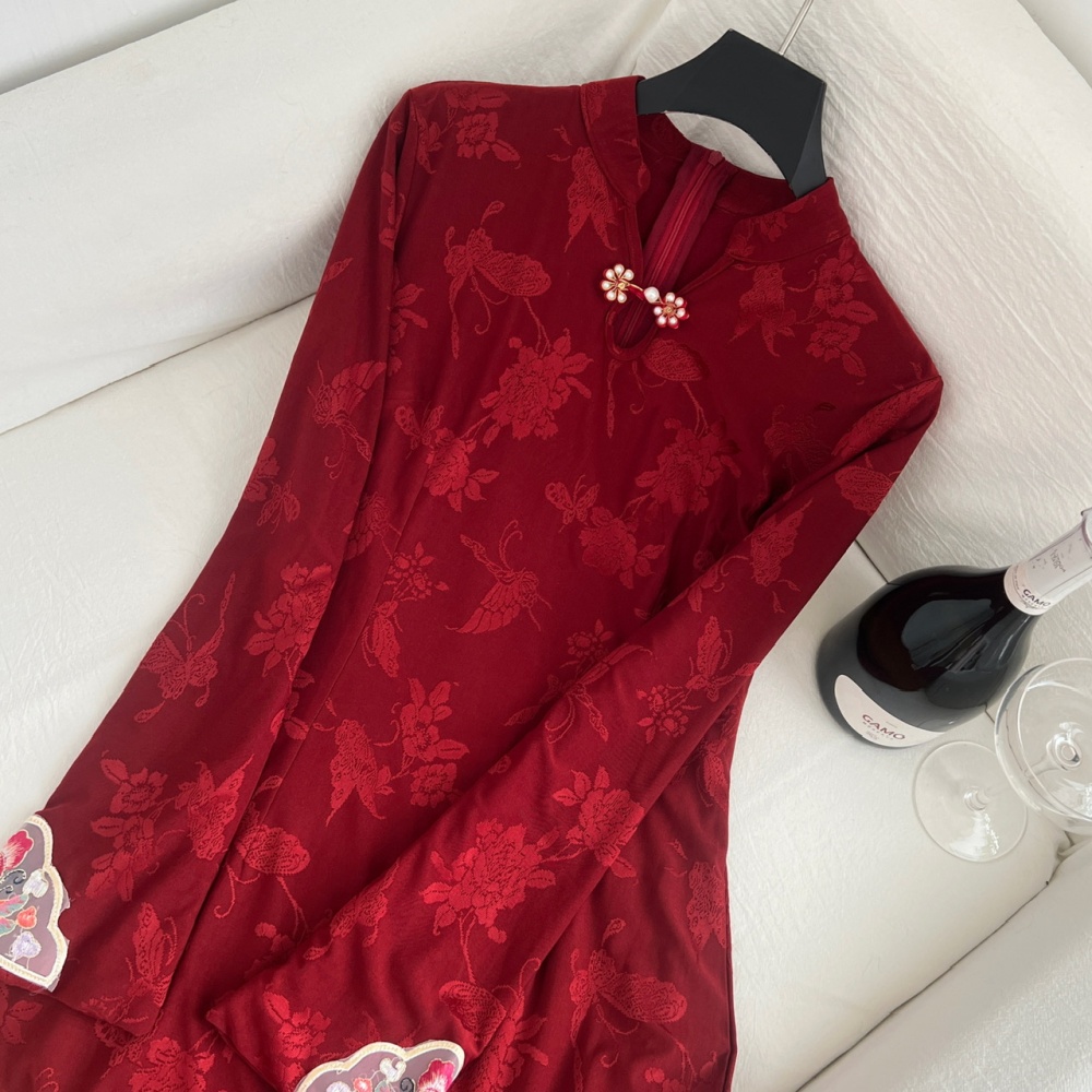 Retro red cheongsam winter plus velvet dress for women