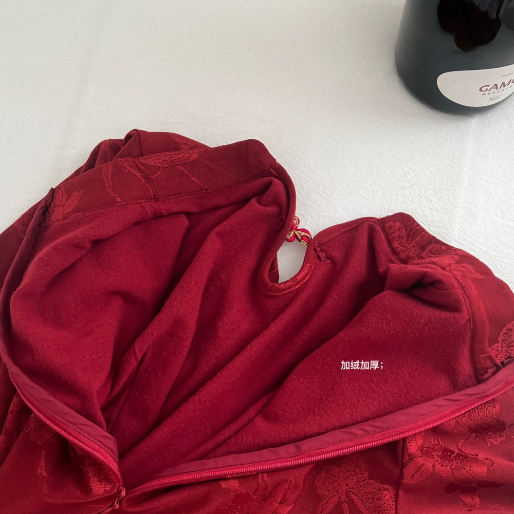 Retro red cheongsam winter plus velvet dress for women