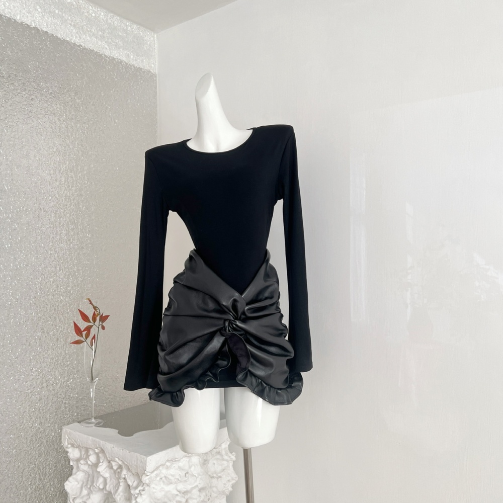 Pseudo-two splice autumn and winter PU fold dress