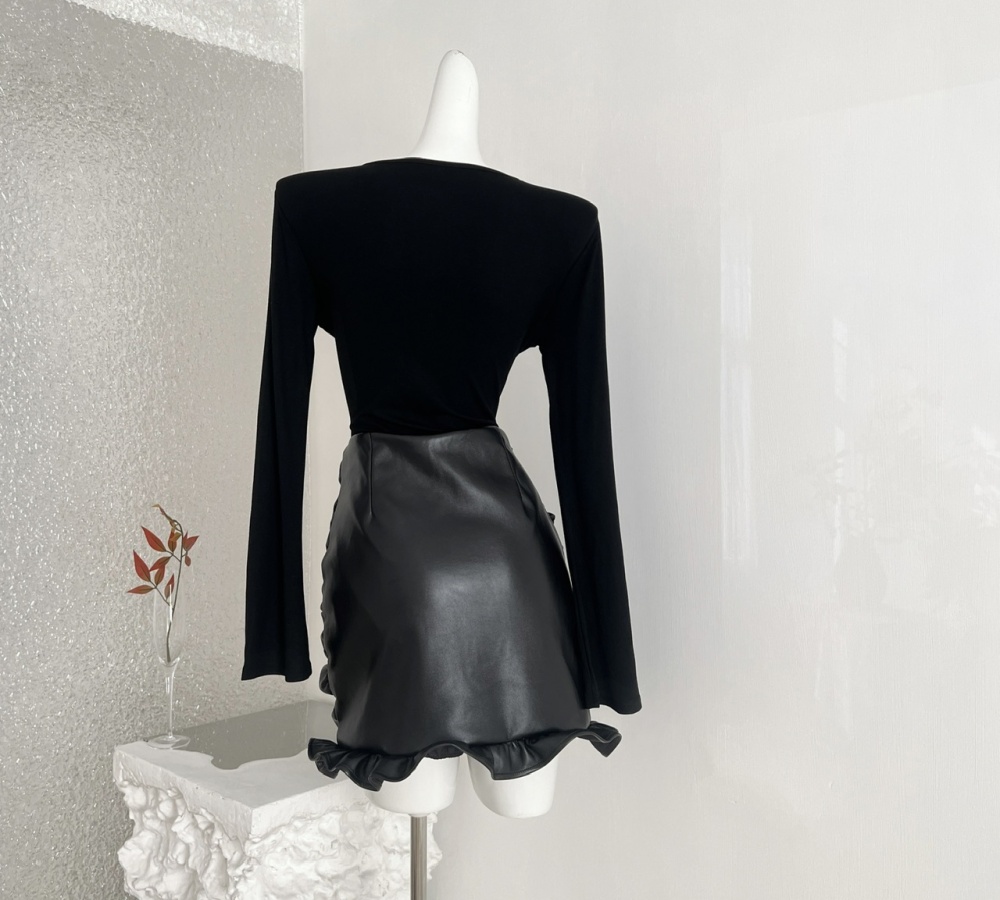 Pseudo-two splice autumn and winter PU fold dress