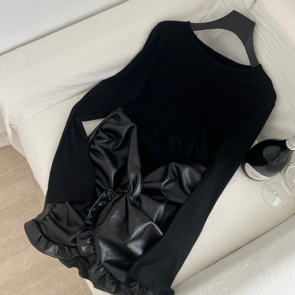 Pseudo-two splice autumn and winter PU fold dress