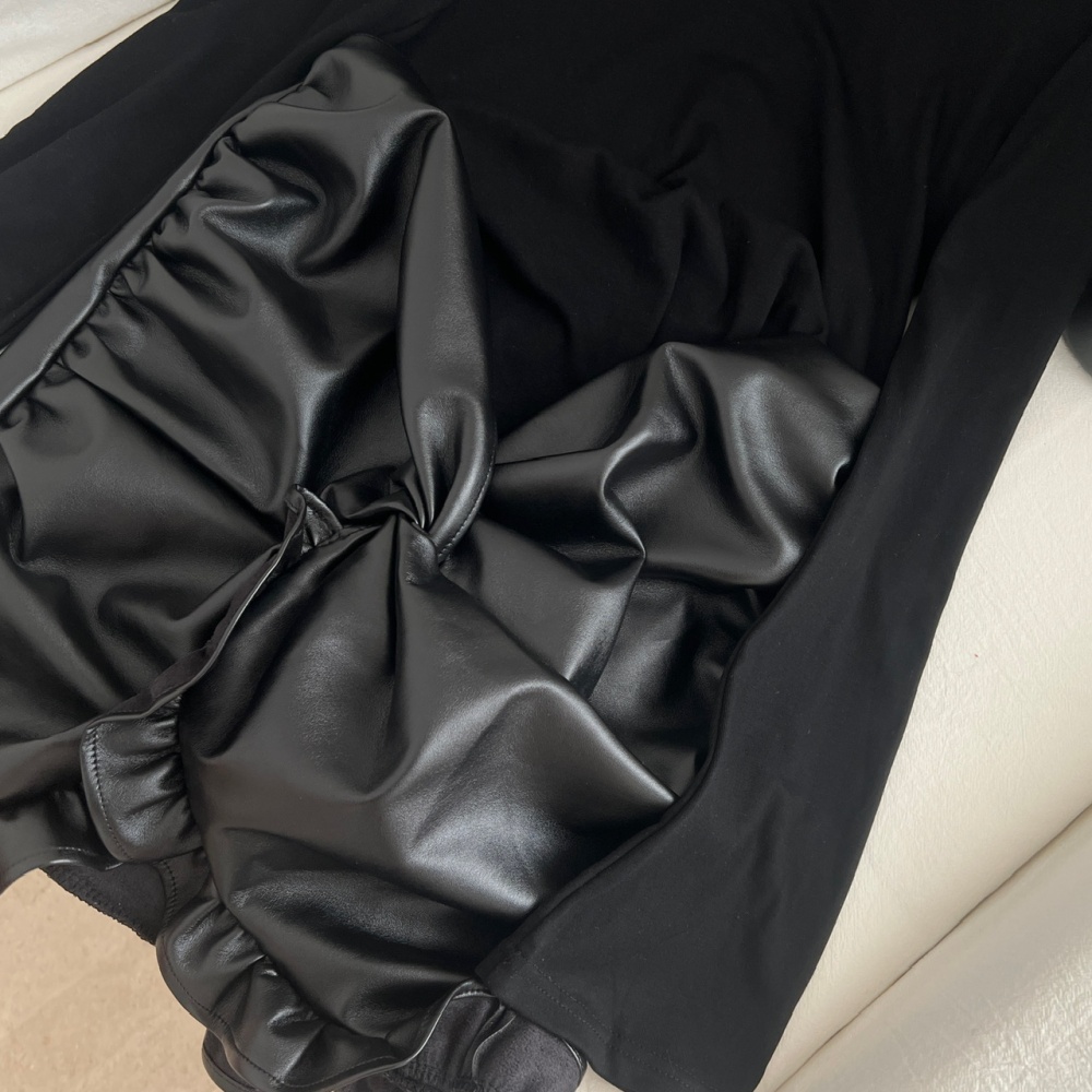 Pseudo-two splice autumn and winter PU fold dress