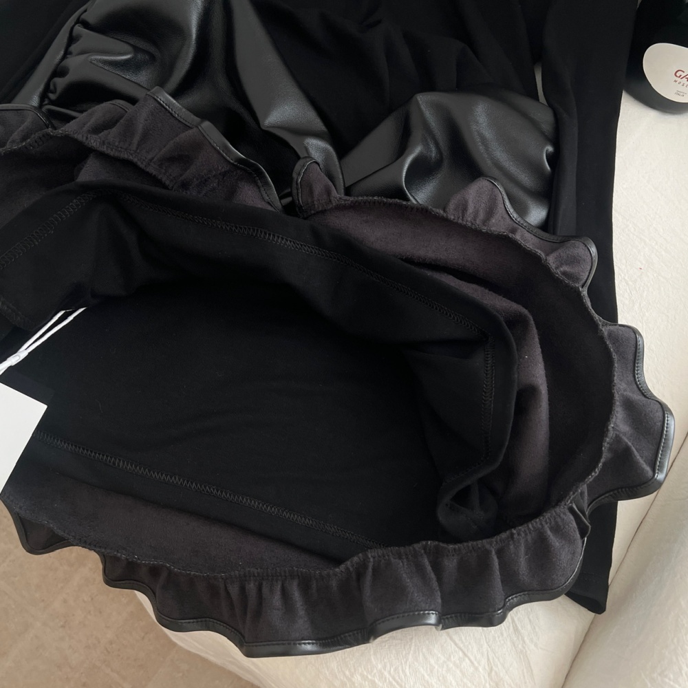 Pseudo-two splice autumn and winter PU fold dress