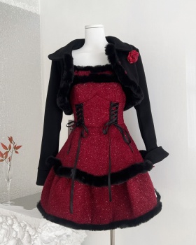 Clip cotton woolen coat christmas strap dress 2pcs set