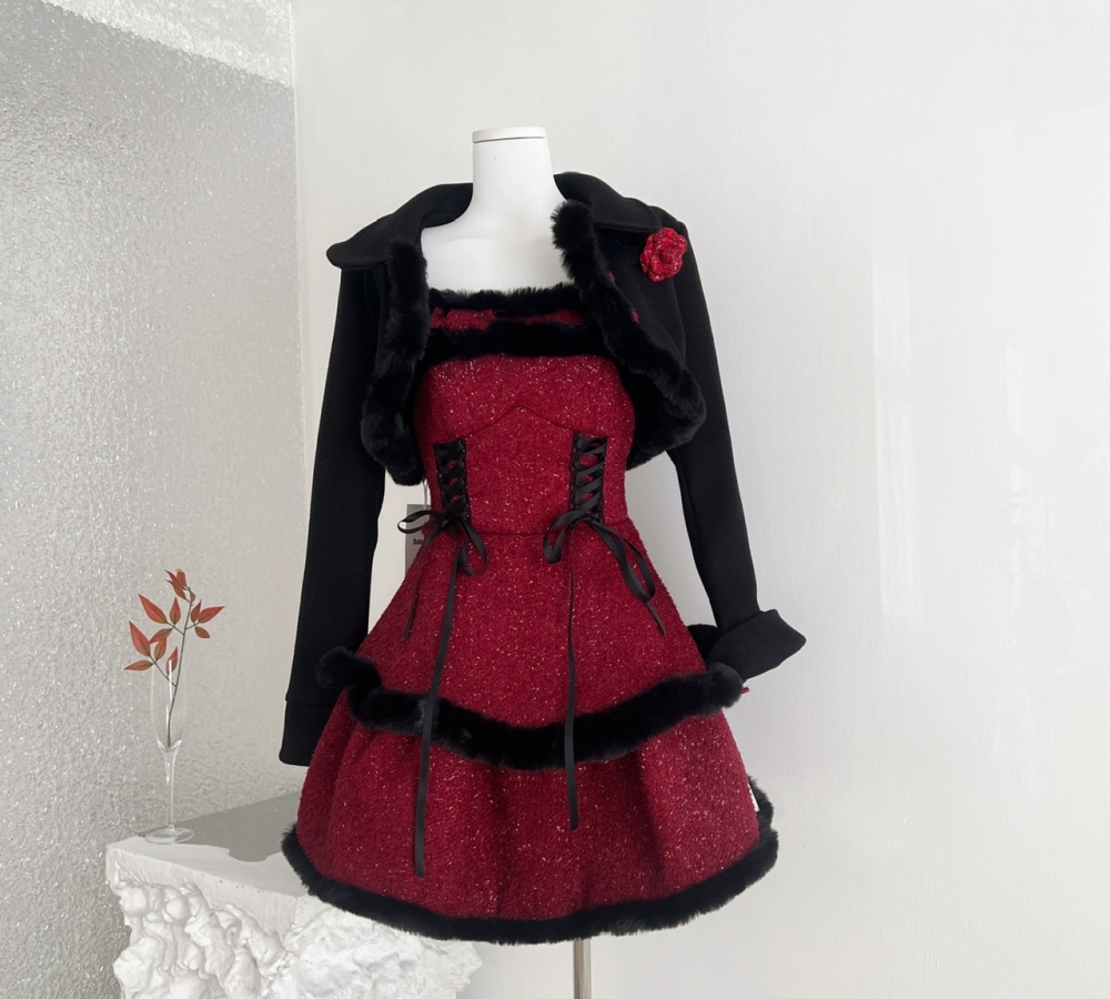 Clip cotton woolen coat christmas strap dress 2pcs set