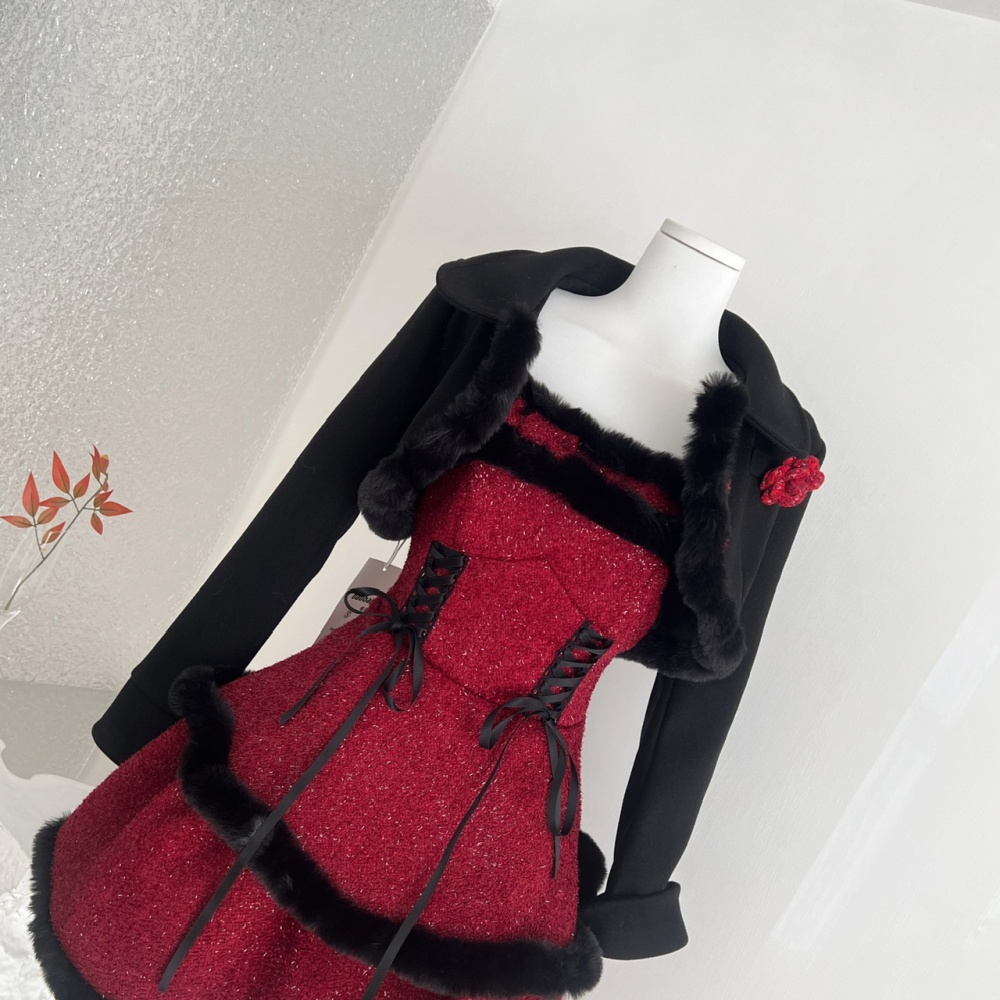 Clip cotton woolen coat christmas strap dress 2pcs set