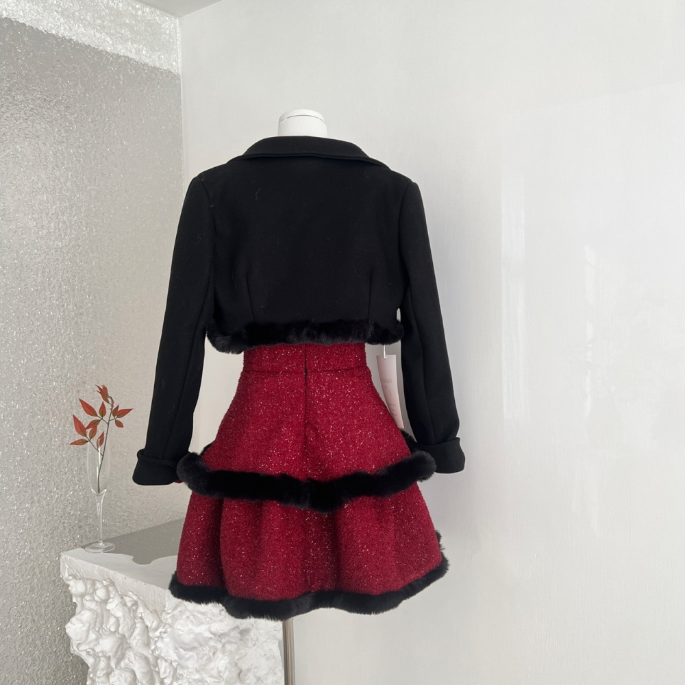 Clip cotton woolen coat christmas strap dress 2pcs set