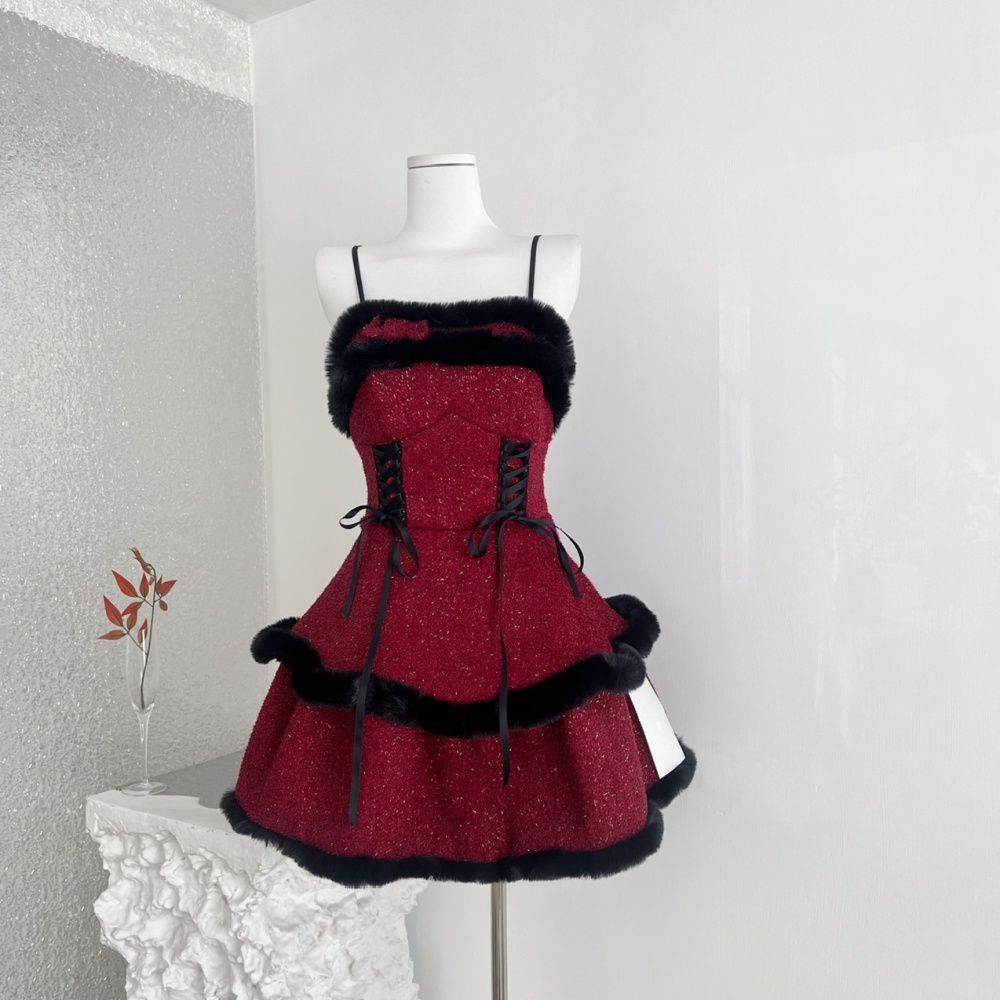 Clip cotton woolen coat christmas strap dress 2pcs set