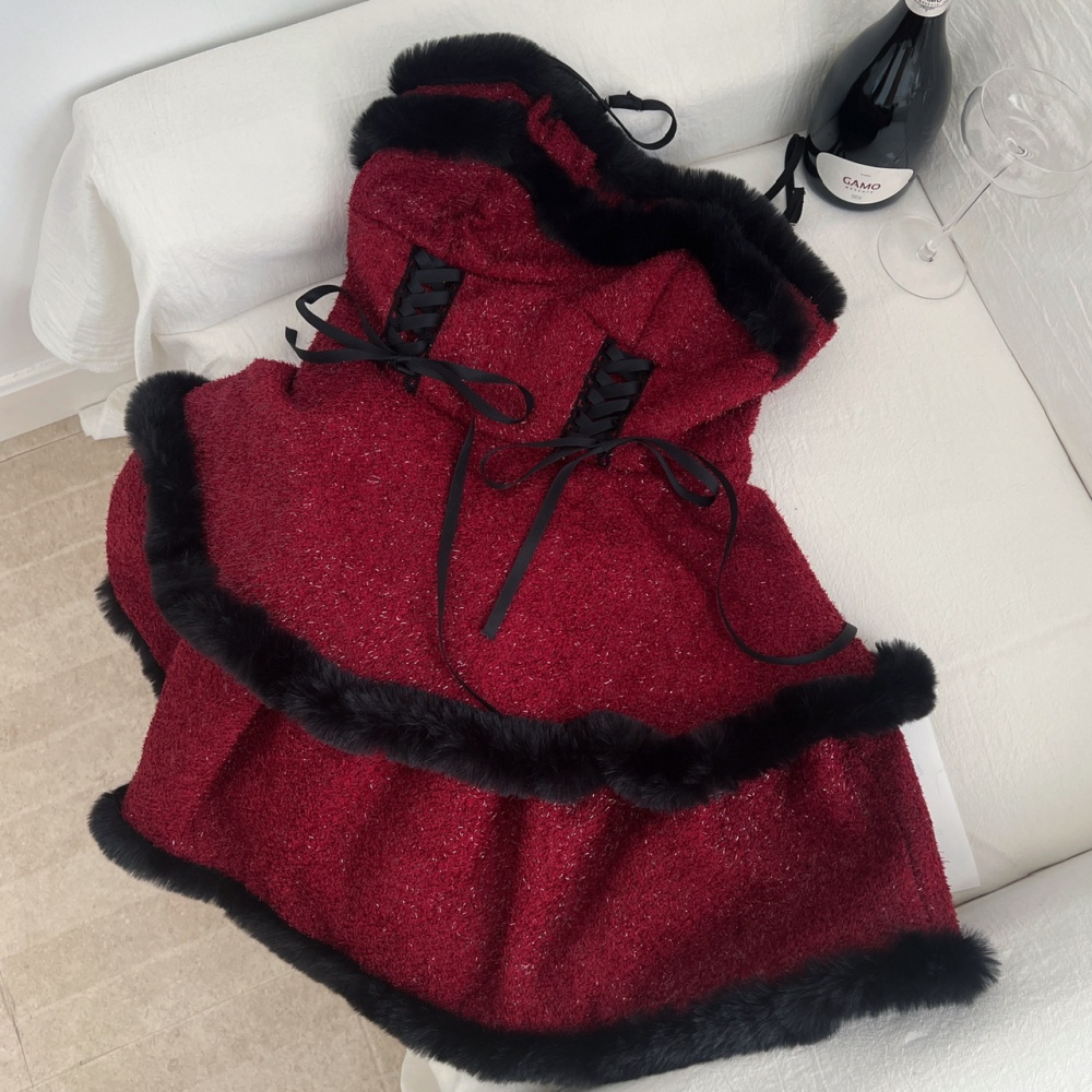 Clip cotton woolen coat christmas strap dress 2pcs set
