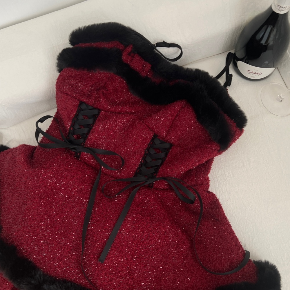 Clip cotton woolen coat christmas strap dress 2pcs set