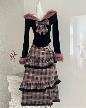 Plaid irregular long skirt velvet tops a set for women
