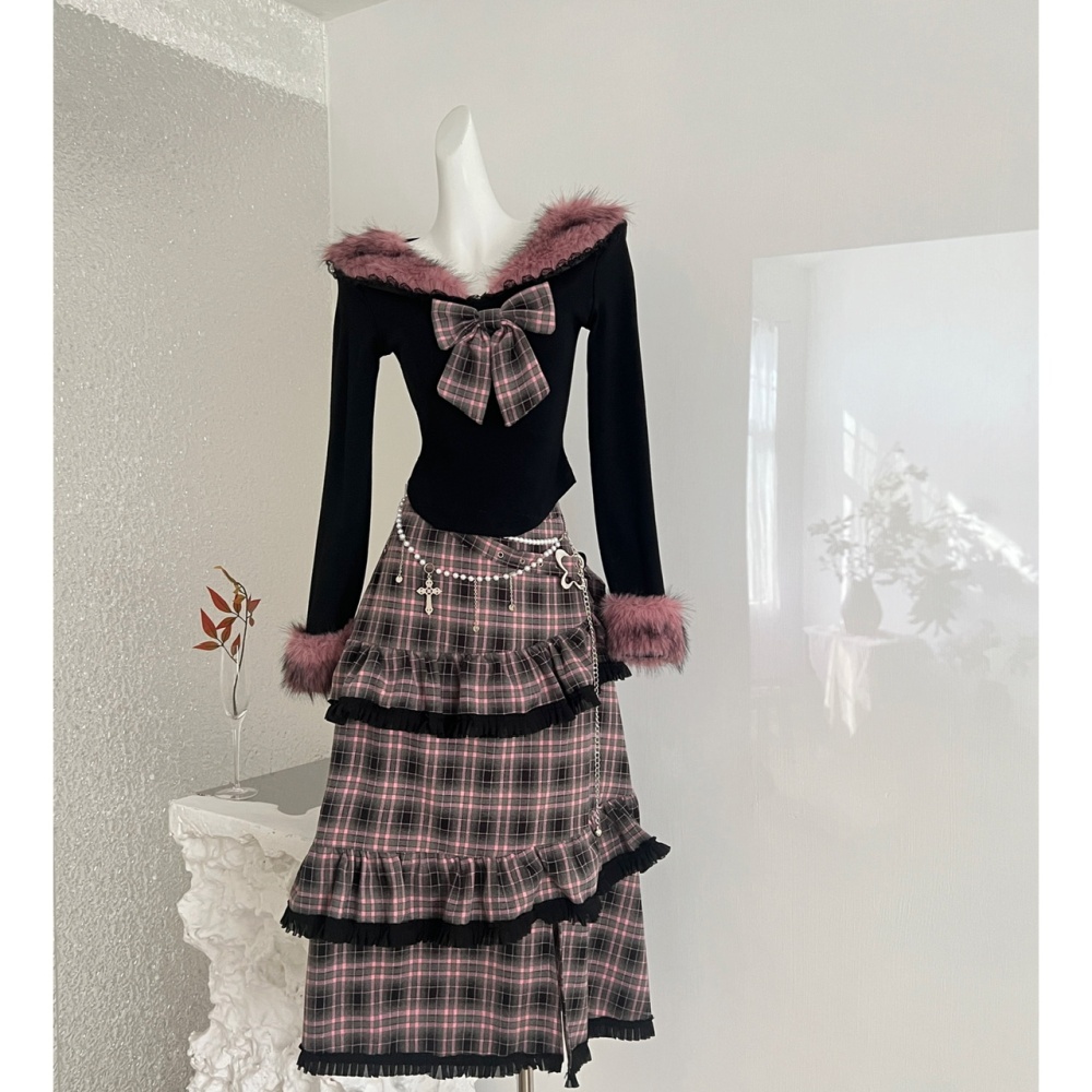 Plaid irregular long skirt velvet tops a set for women