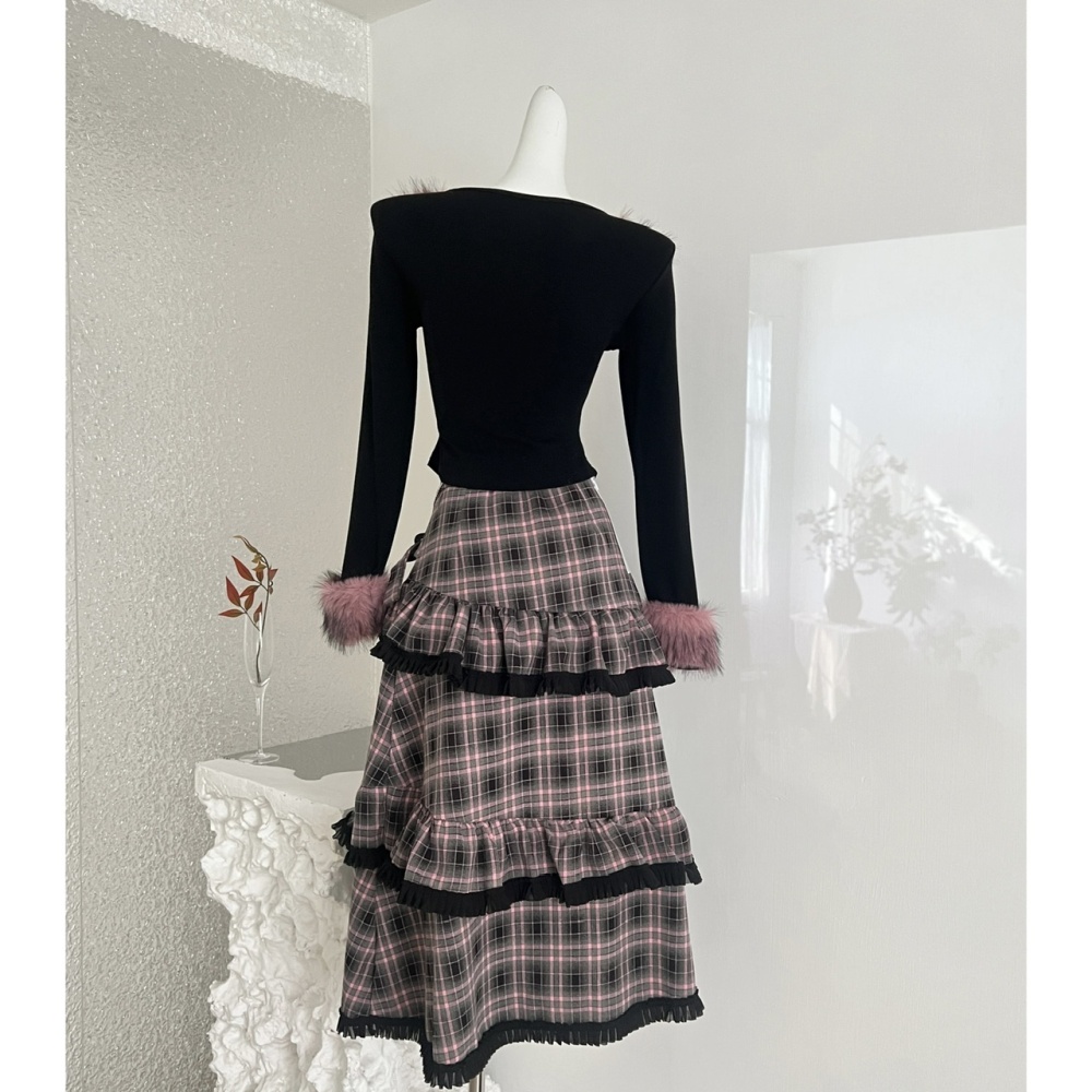 Plaid irregular long skirt velvet tops a set for women
