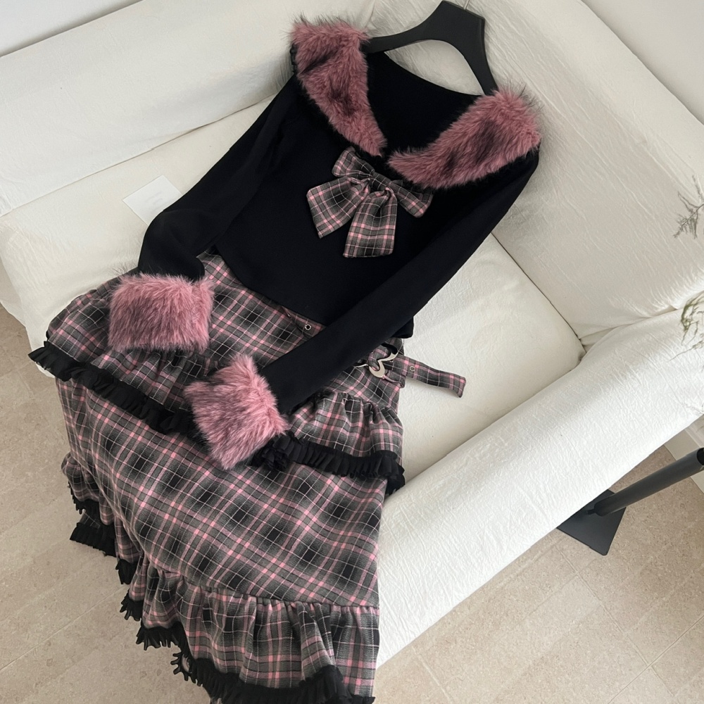Plaid irregular long skirt velvet tops a set for women