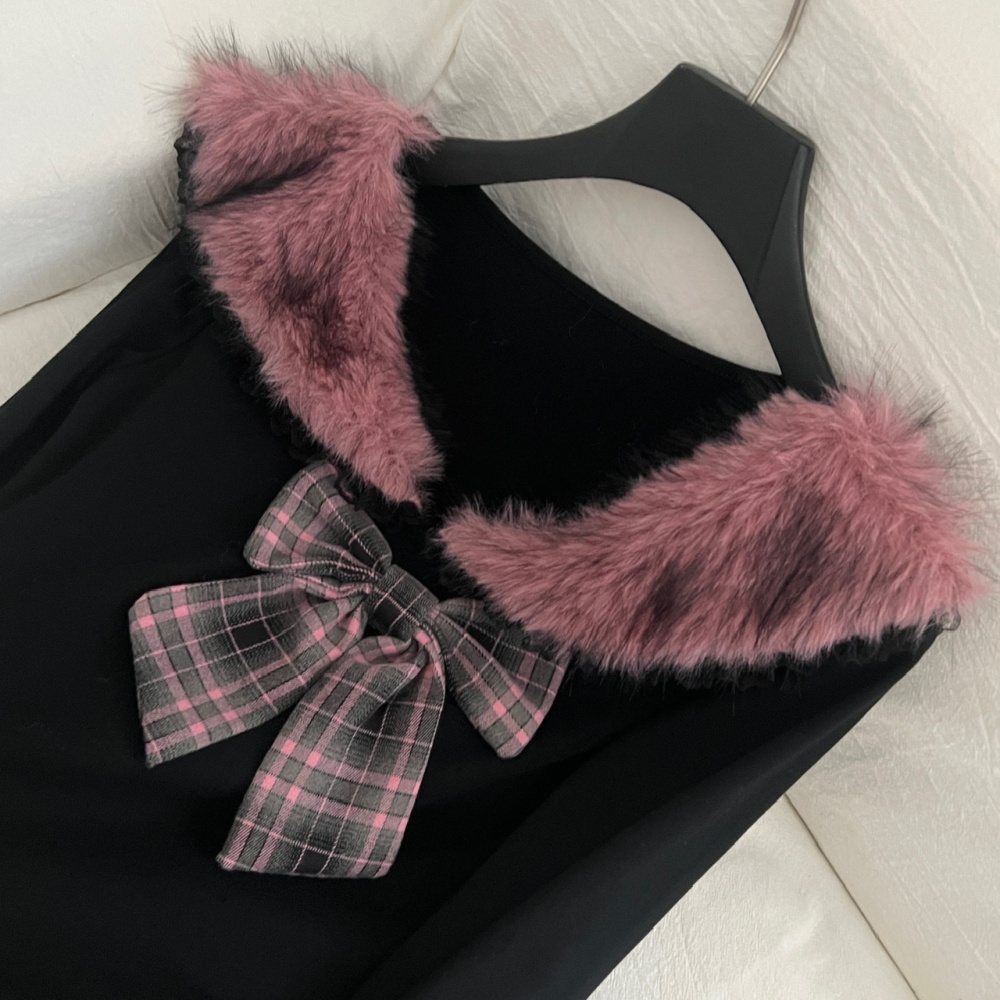 Plaid irregular long skirt velvet tops a set for women