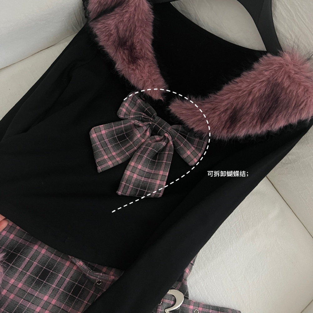 Plaid irregular long skirt velvet tops a set for women