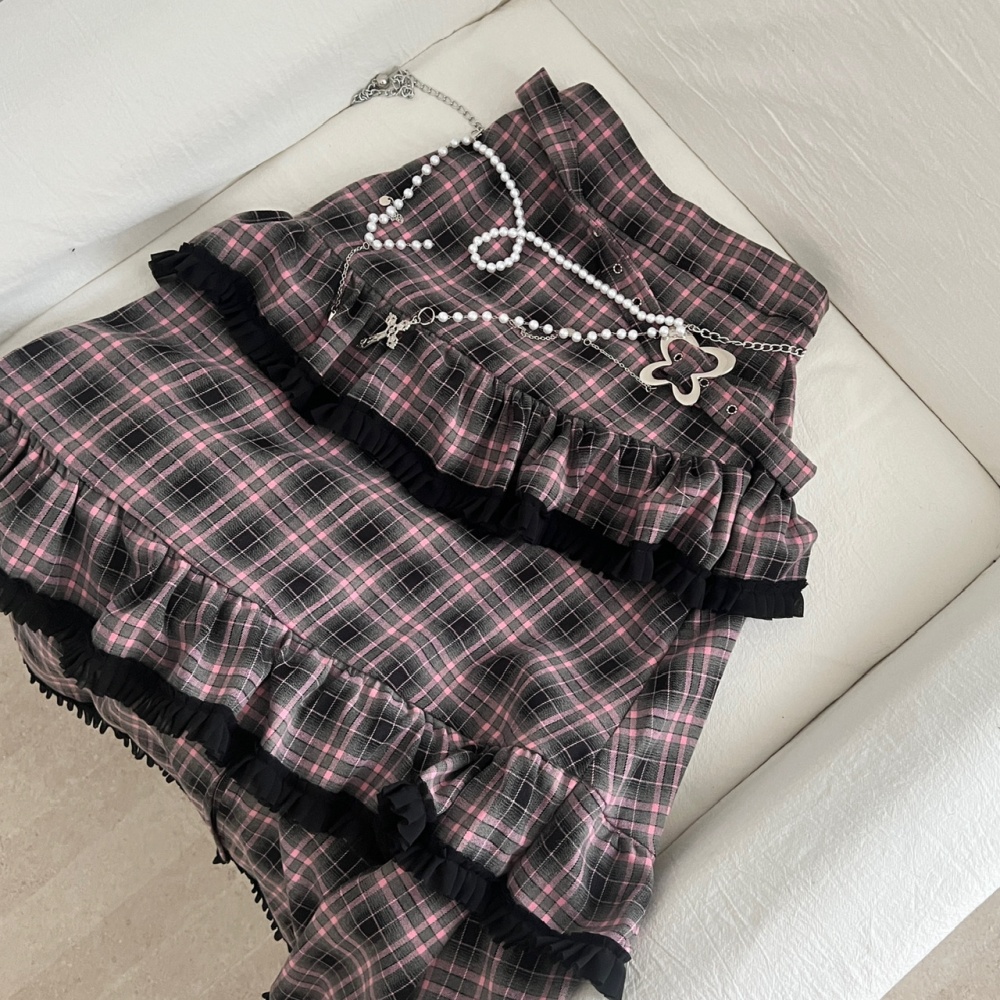 Plaid irregular long skirt velvet tops a set for women