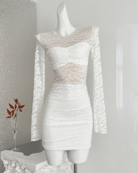 Slim package hip flowers long sleeve sexy hollow dress