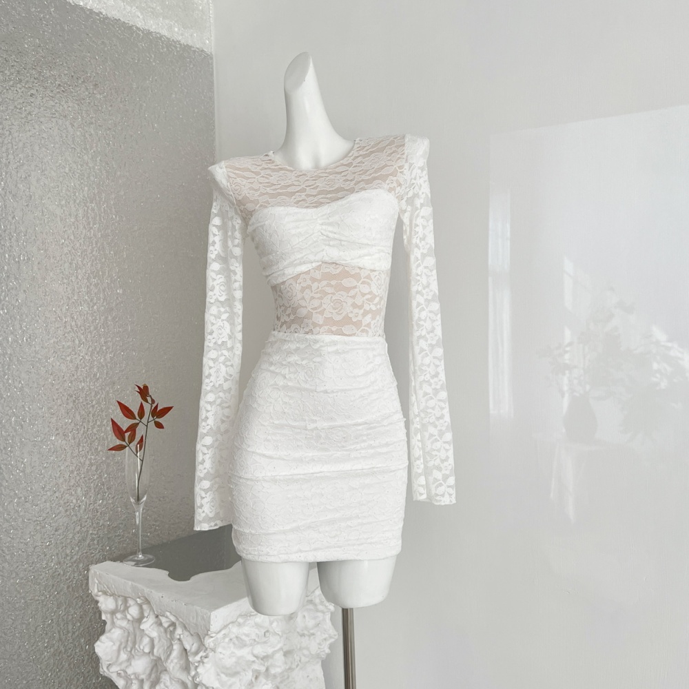 Slim package hip flowers long sleeve sexy hollow dress