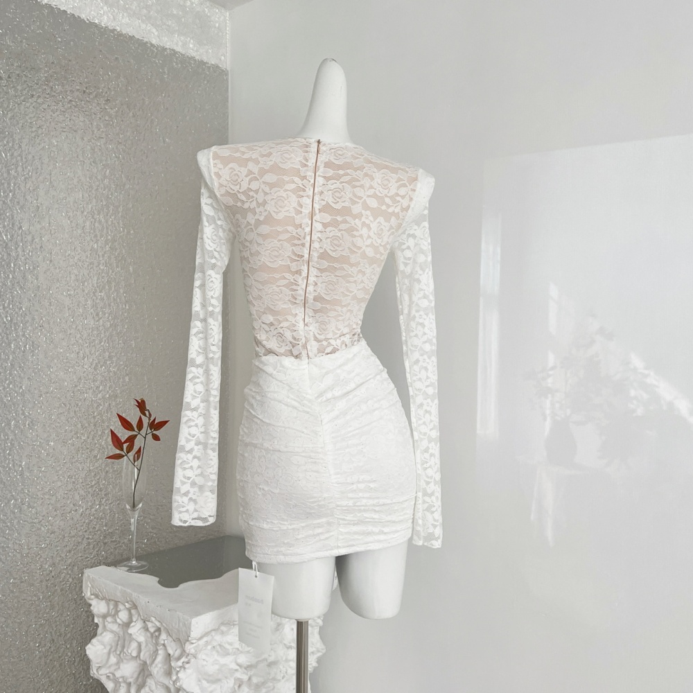 Slim package hip flowers long sleeve sexy hollow dress