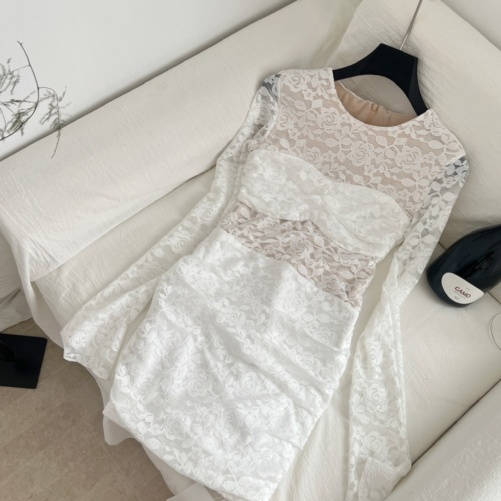 Slim package hip flowers long sleeve sexy hollow dress