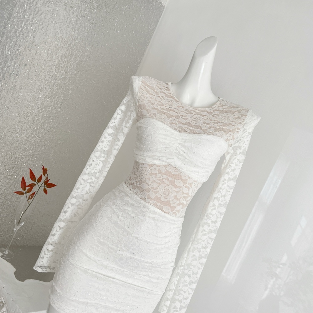 Slim package hip flowers long sleeve sexy hollow dress