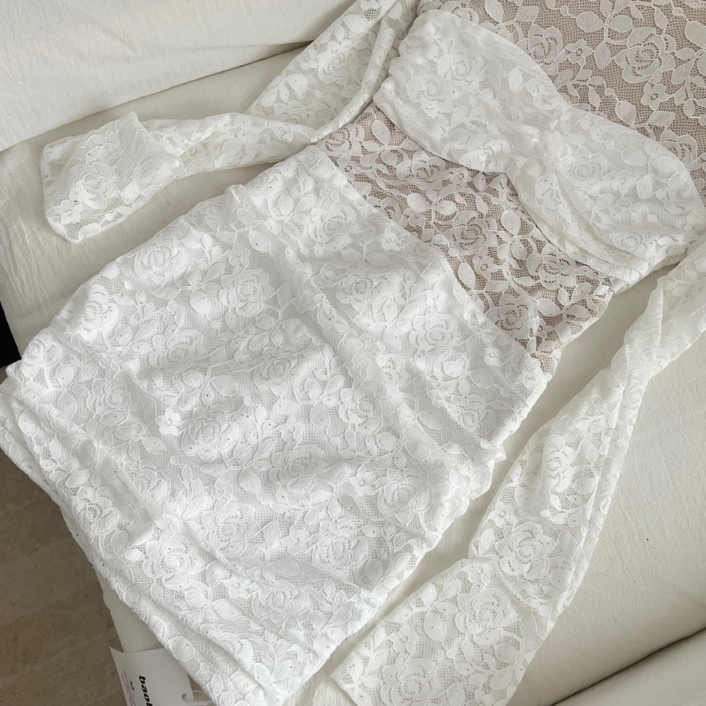 Slim package hip flowers long sleeve sexy hollow dress