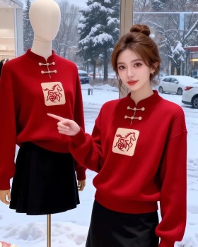 Slim loose red pullover Chinese style winter sweater
