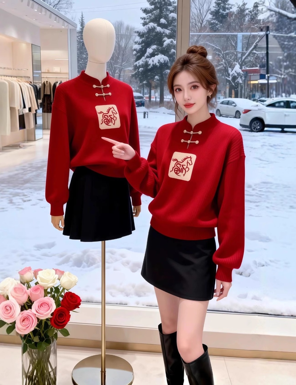 Slim loose red pullover Chinese style winter sweater