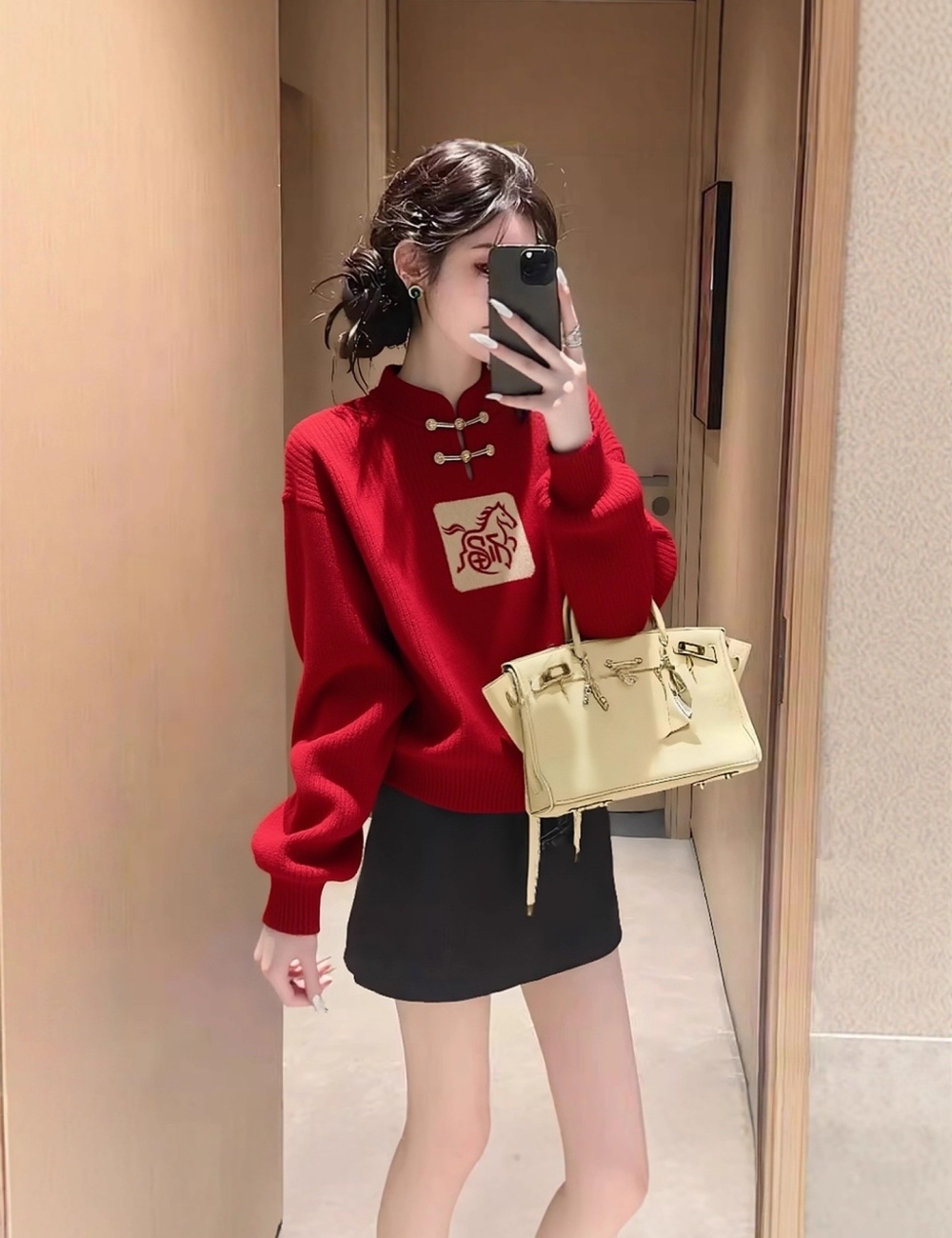 Slim loose red pullover Chinese style winter sweater