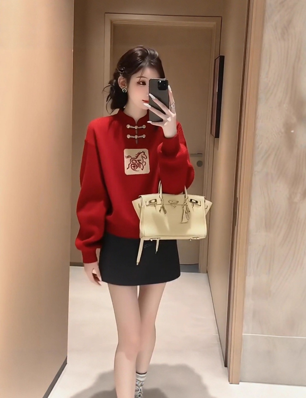 Slim loose red pullover Chinese style winter sweater