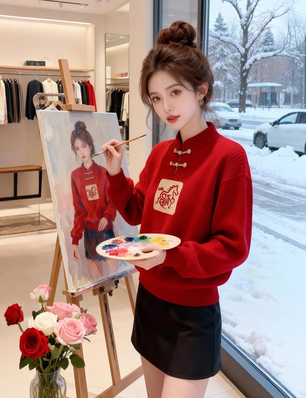 Slim loose red pullover Chinese style winter sweater