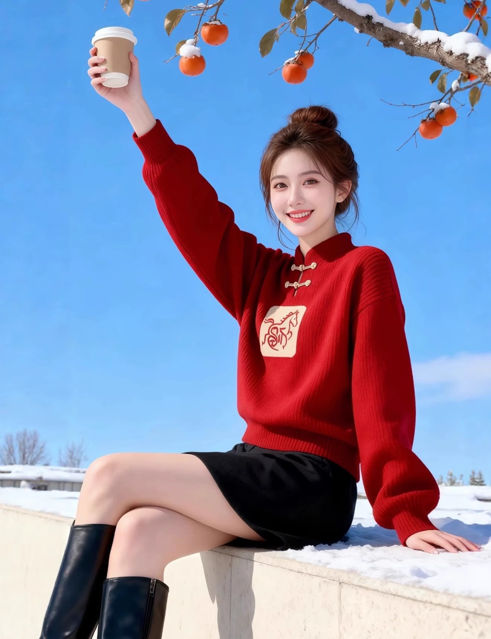 Slim loose red pullover Chinese style winter sweater