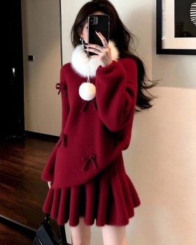 Bow fur collar sweater loose skirt a set for women