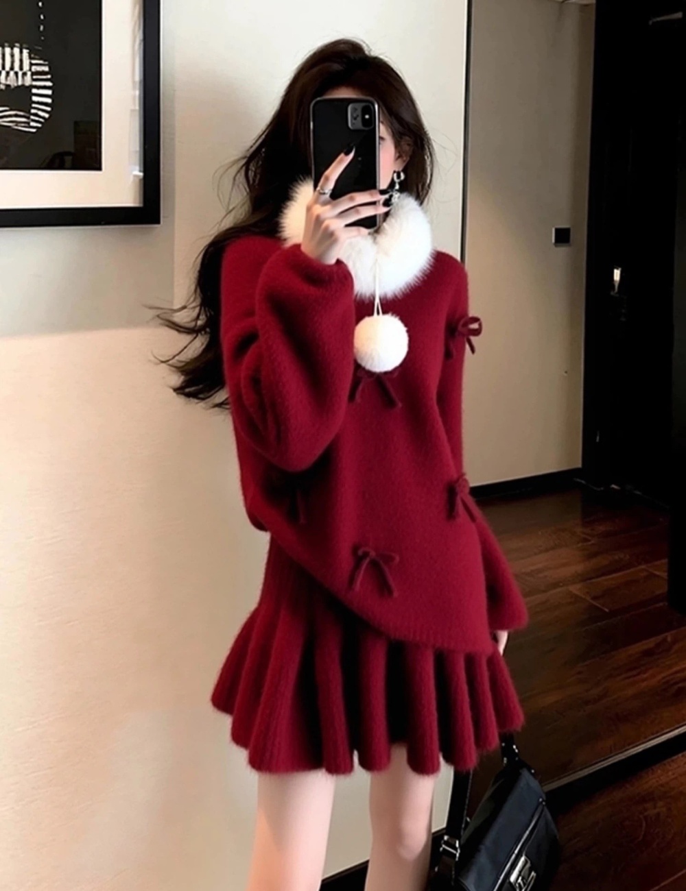 Bow fur collar sweater loose skirt a set for women
