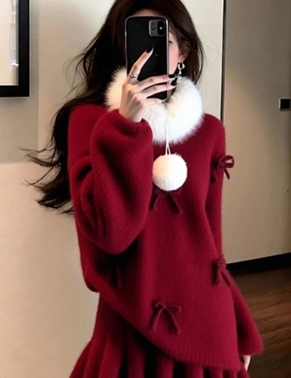 Bow fur collar sweater loose skirt a set for women