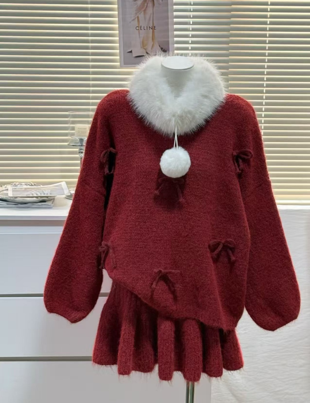 Bow fur collar sweater loose skirt a set for women