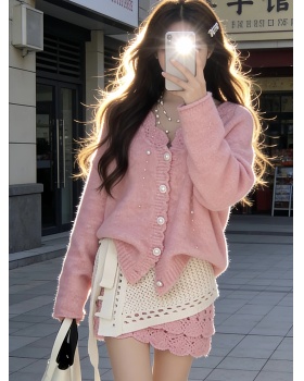 White Korean style belt winter skirt 3pcs set